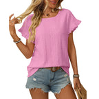 Solid Casual Loose Blouses For Women Fashion 2025 Summer Women's Hollow Short Sleeve Shirts And Blouses Elegant Female Blue Tops