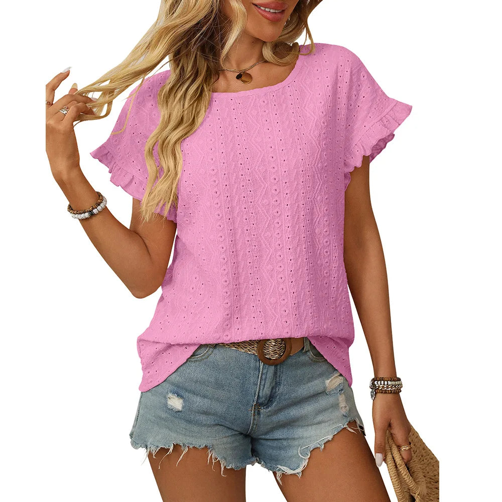 Solid Casual Loose Blouses For Women Fashion 2025 Summer Women's Hollow Short Sleeve Shirts And Blouses Elegant Female Blue Tops