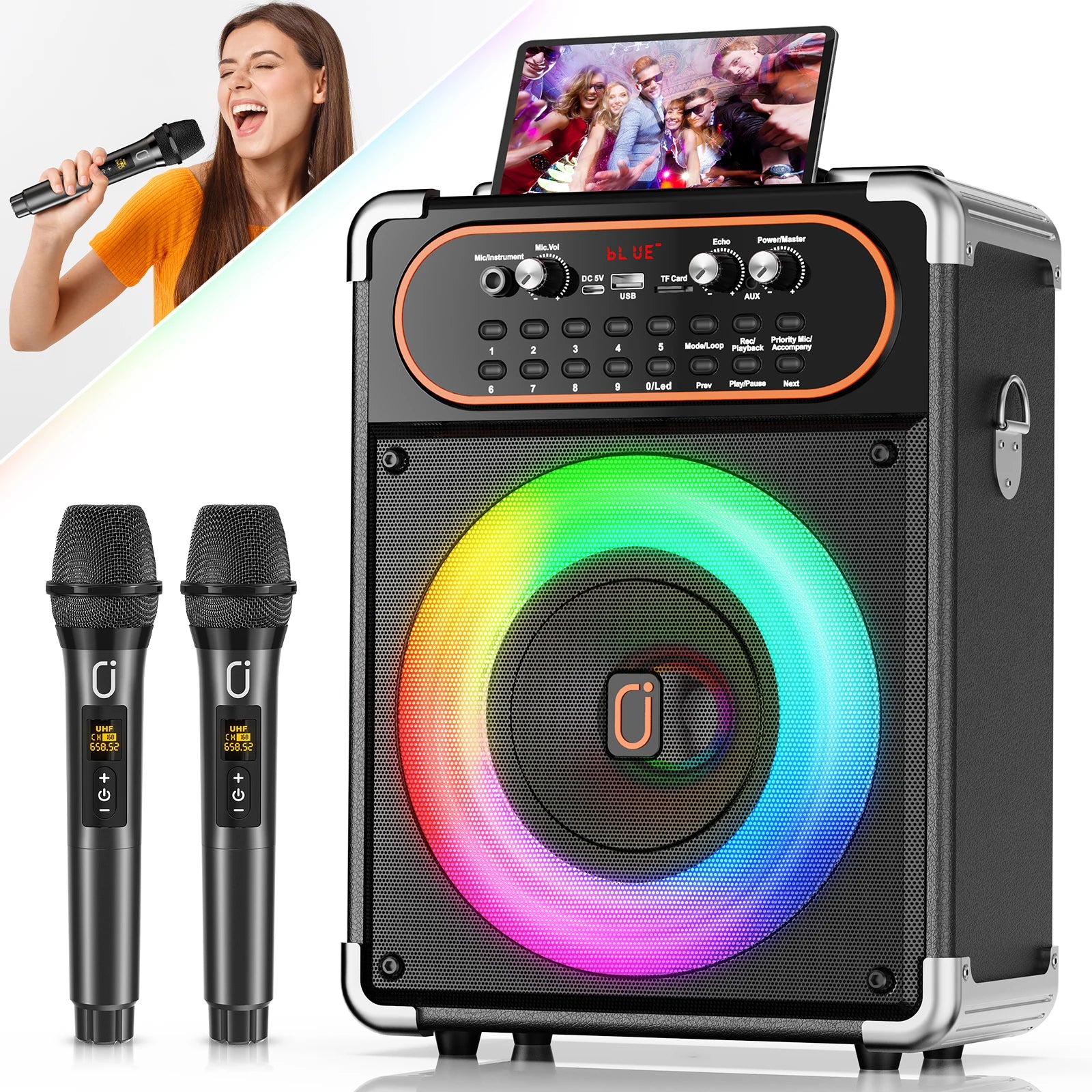 S68 Kara Ok with 2 Microphones, Portable Bluetooth 5.3 Kara Ok Speaker,Echo Adjustment, Supports Tv through Auxiliary Connection Main image