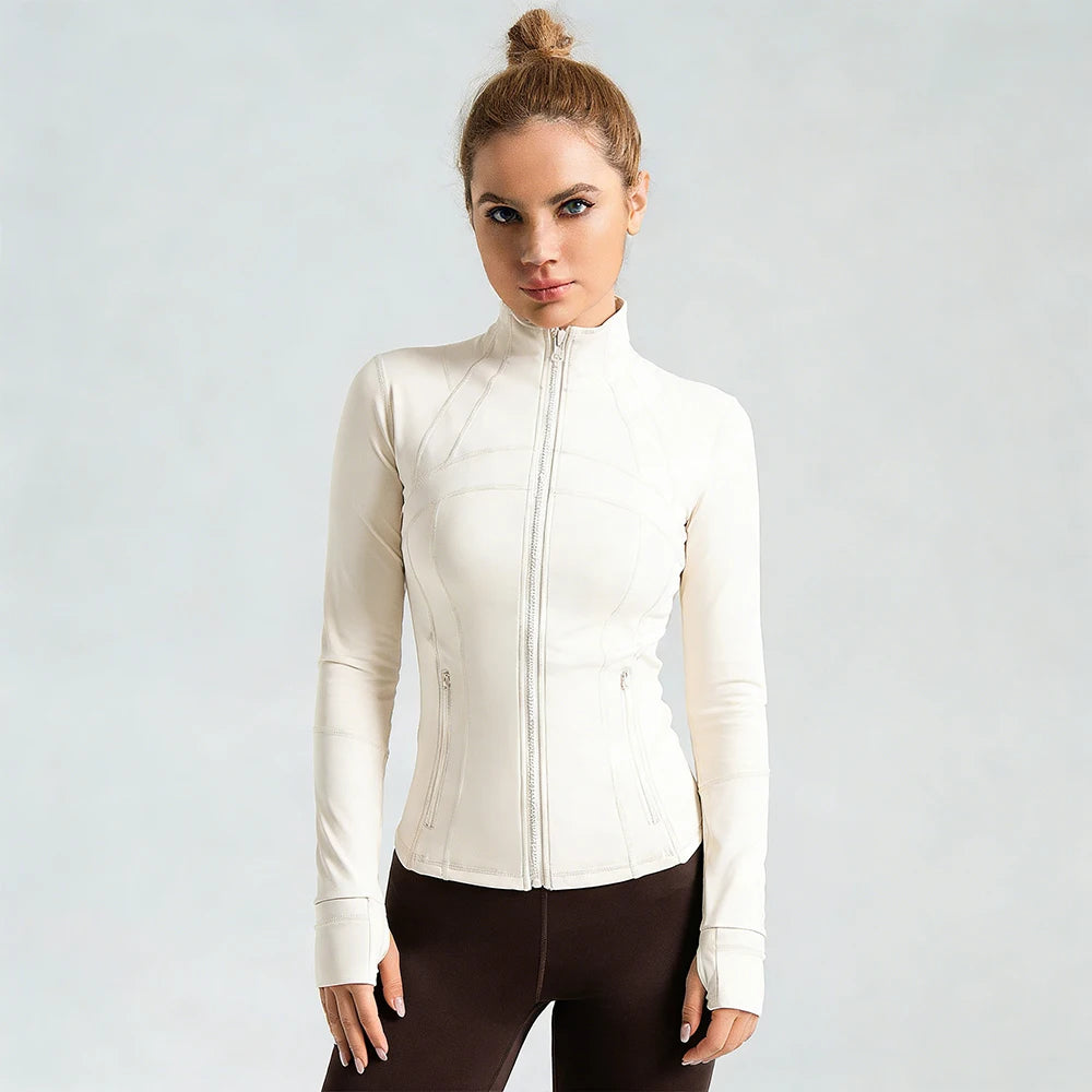 Women's Full-Zip Long Sleeve Yoga Jacket – Slim Fit Workout Jacket with Thumb Holes & Side Pockets, 5 Colors Available