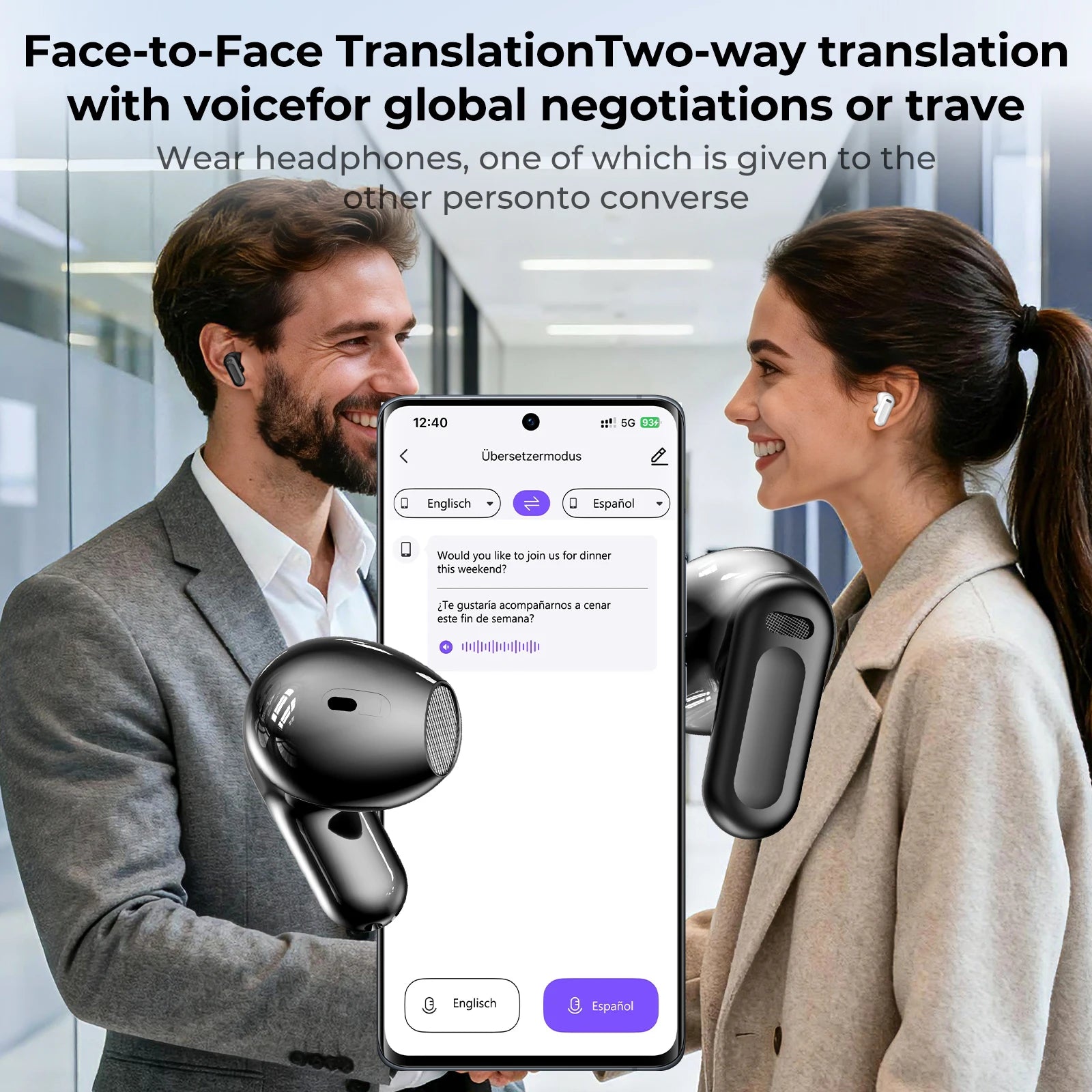Auriculares Traductor DeIdioma 2026 HTC NE20 Translator Earbuds 6in1 iOs Android 60H Playtime Business Travel Meeting LCD Touch