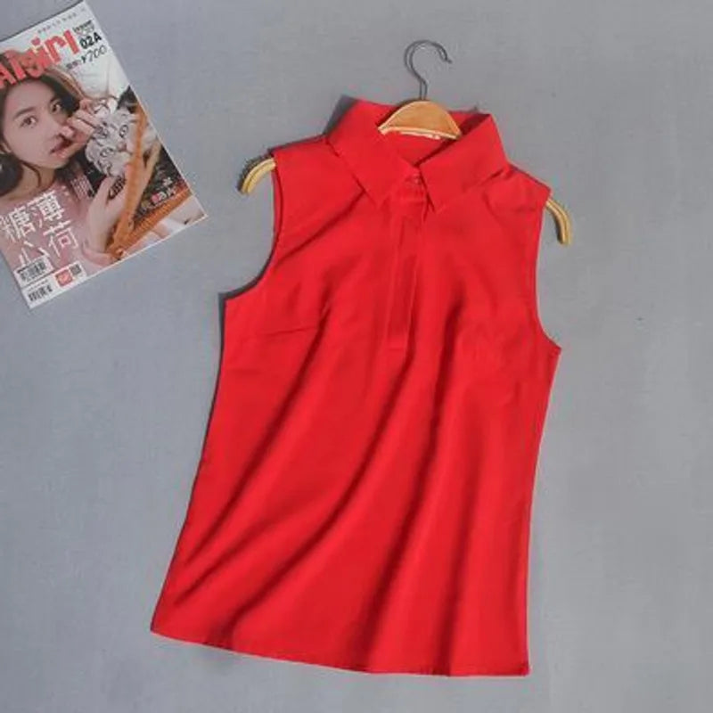#2503 Woman Tops And Blouses Sleeveless Shirt Women Summer Thin Vest Pullover Button Basic Top Chiffon Red White Black Polo Neck