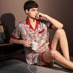 High Quality Pajamas Suit Men Summer Short Sleeve Shorts Ice Silk Sleepwear Male Summer Large Size Simple Casual Loungewear Set