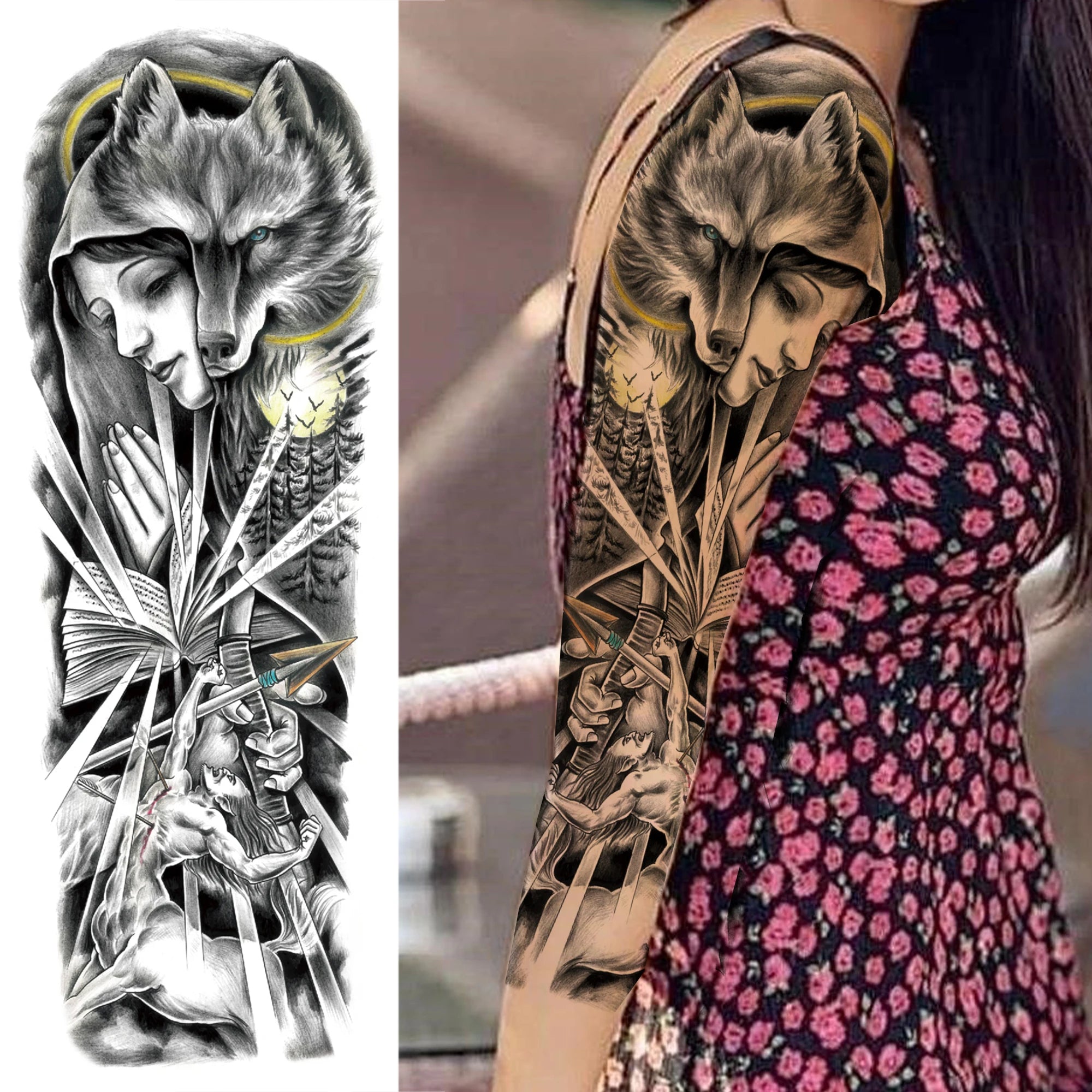 1 Sheet Full Arm Compass Zeus Skull Tiger Lion Flower Temporary Tattoos Sleeve For Men Women Adults Fake Temp Sticker Tattoo