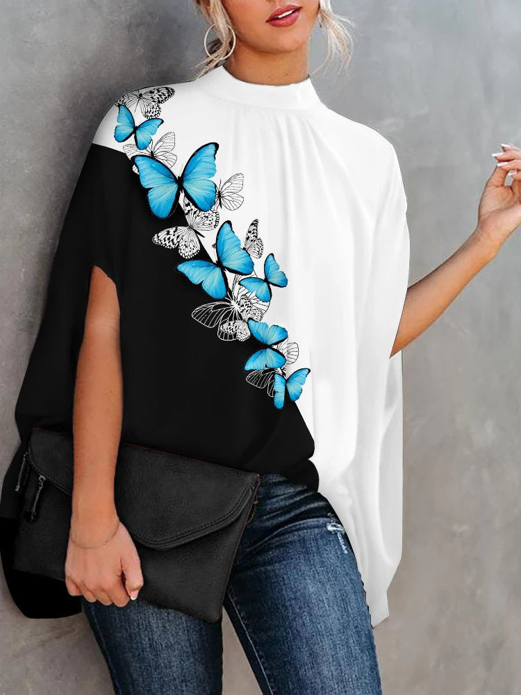 Casual Loose Women's Blouse Fashion Batwing Sleeve Print O-neck Shirts Top Spring Summer Office Lady Blouses Elegant Tops 2024