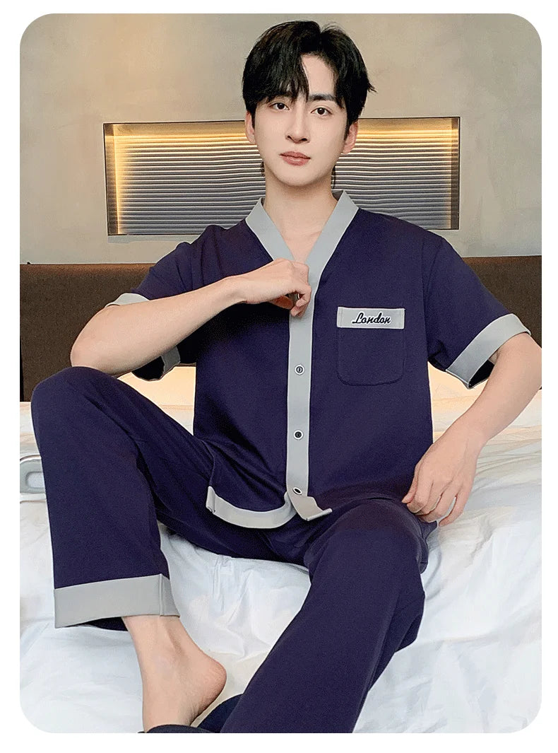 Men's Japanese Kimono Casual Fashion Solid Color Cardigan Loose Summer Short-Sleeved Pajamas with long pants Home Comfort Wear