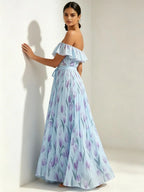 2026 summer off-the-shoulder tulip print plus size slimming square neck maxi dress