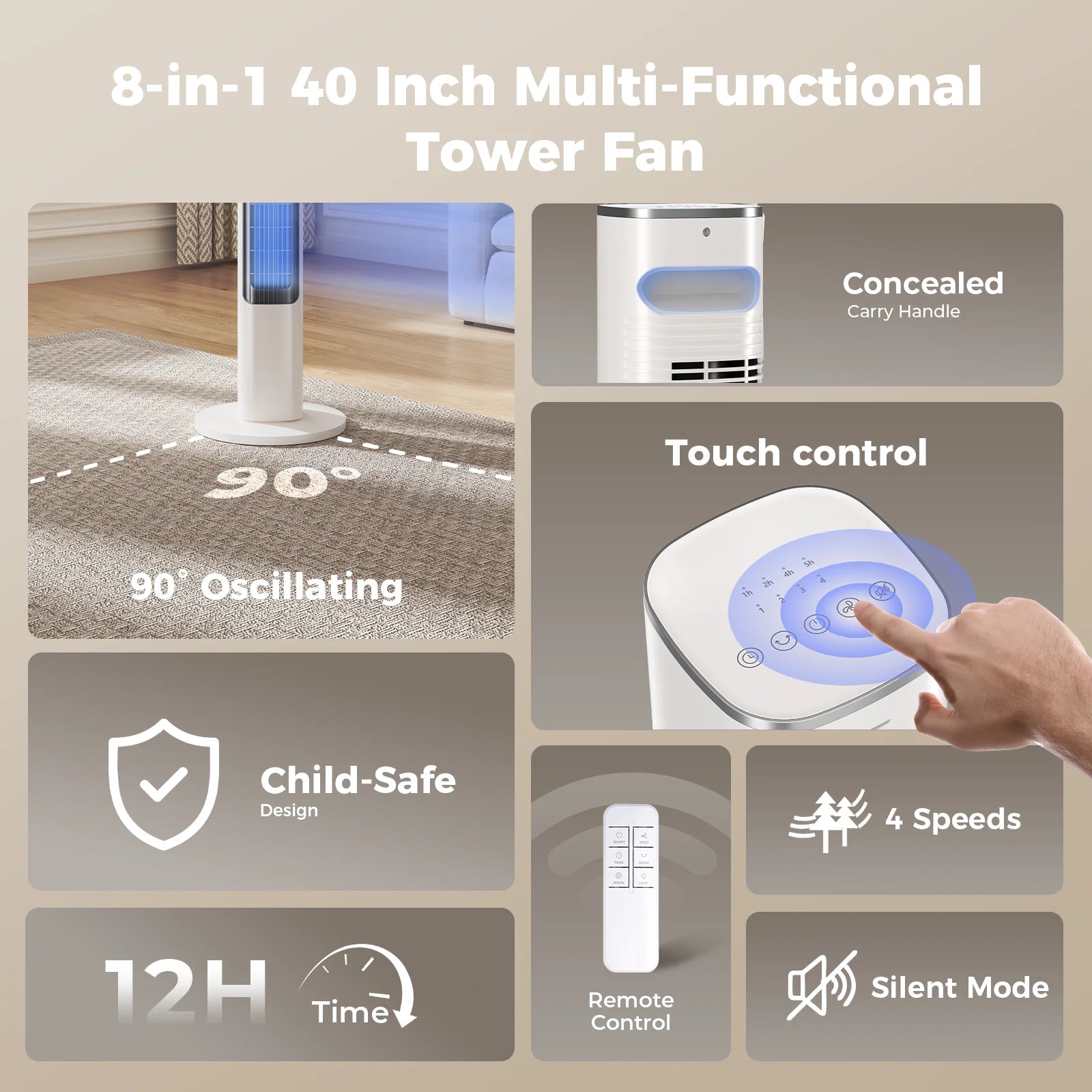 Patbrela 40inch Electric Tower Fan, 4 Speeds, 51° Oscillation, Remote Control, 12H Timer, 45W with Touch Control