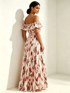 2026 summer off-the-shoulder tulip print plus size slimming square neck maxi dress
