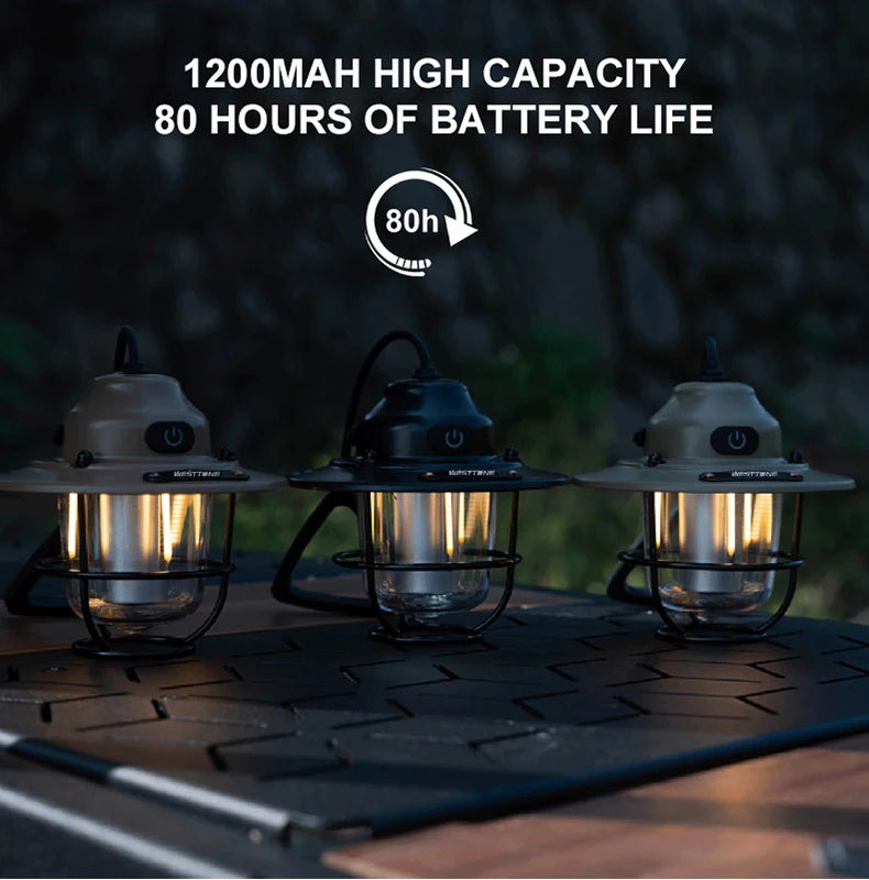 Portable Camping Lanterns Retro Hanging Tent Lamp Waterproof Dimmable Camping Light 1200mAh for Hiking Fishing Emergency Lantern