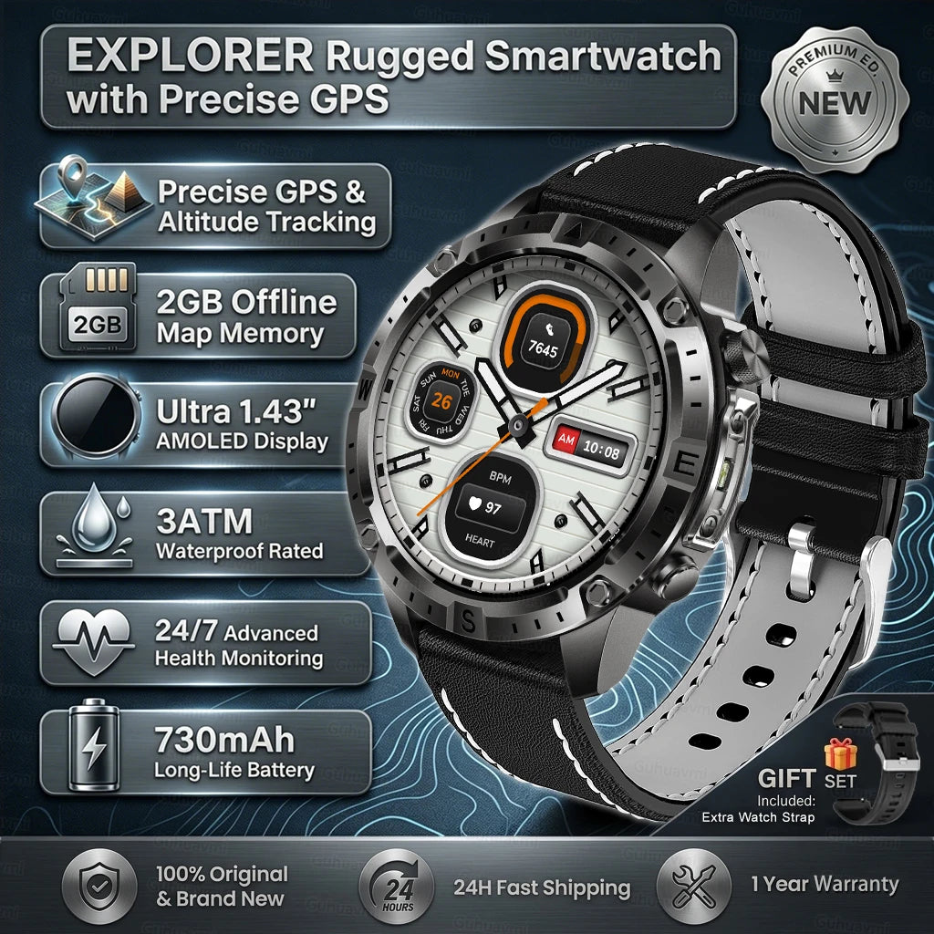 GPS Sports Smartwatch Men Women Swim Waterproof Fitness Tracker 2GB Memory Offline Maps  SpO2 Rugged Outdoor Smartwatch for Men