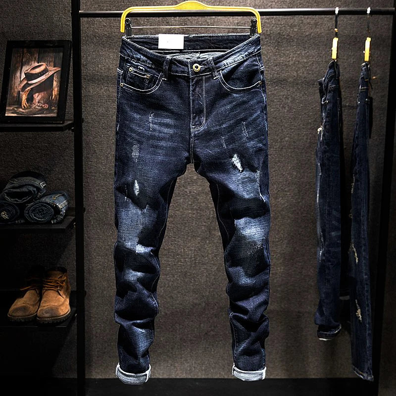 American Elastic Straight Jeans Men Ripped Worn-out Slim-fit Cotton Denim Pants Korean Style Fashion Blue Black Men's Clothing Main image