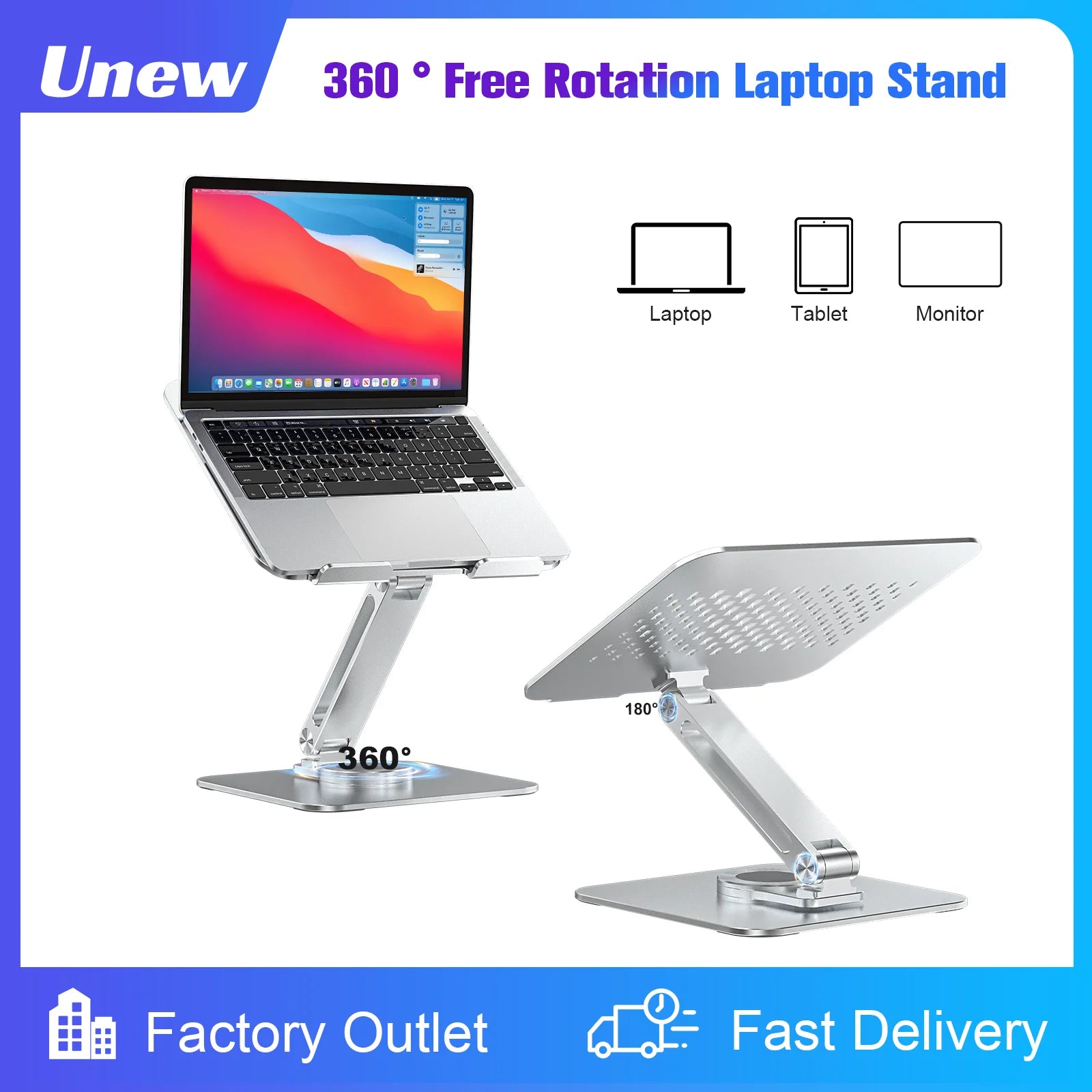 360° Rotatable Stand Metal Aluminum For Laptop Holder Adjustable Anti-Slip Silicone Base Stability for Tablet ﻿Portable Monitor Main image