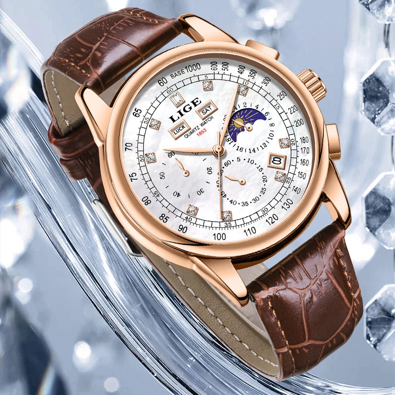 LIGE Retro Elegant Quartz Women's Wristwatches Simple Diamond Dial Fashion Casual Outdoor Date Waterproof Moon Phase Woman Watch Main image