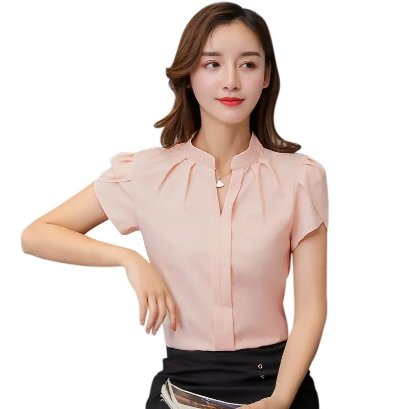 Women Casual Chiffon Shirt Summer Short Sleeve Elegant Blouse Female Formal Office Chiffon Tops Solid Color Loose Tops
