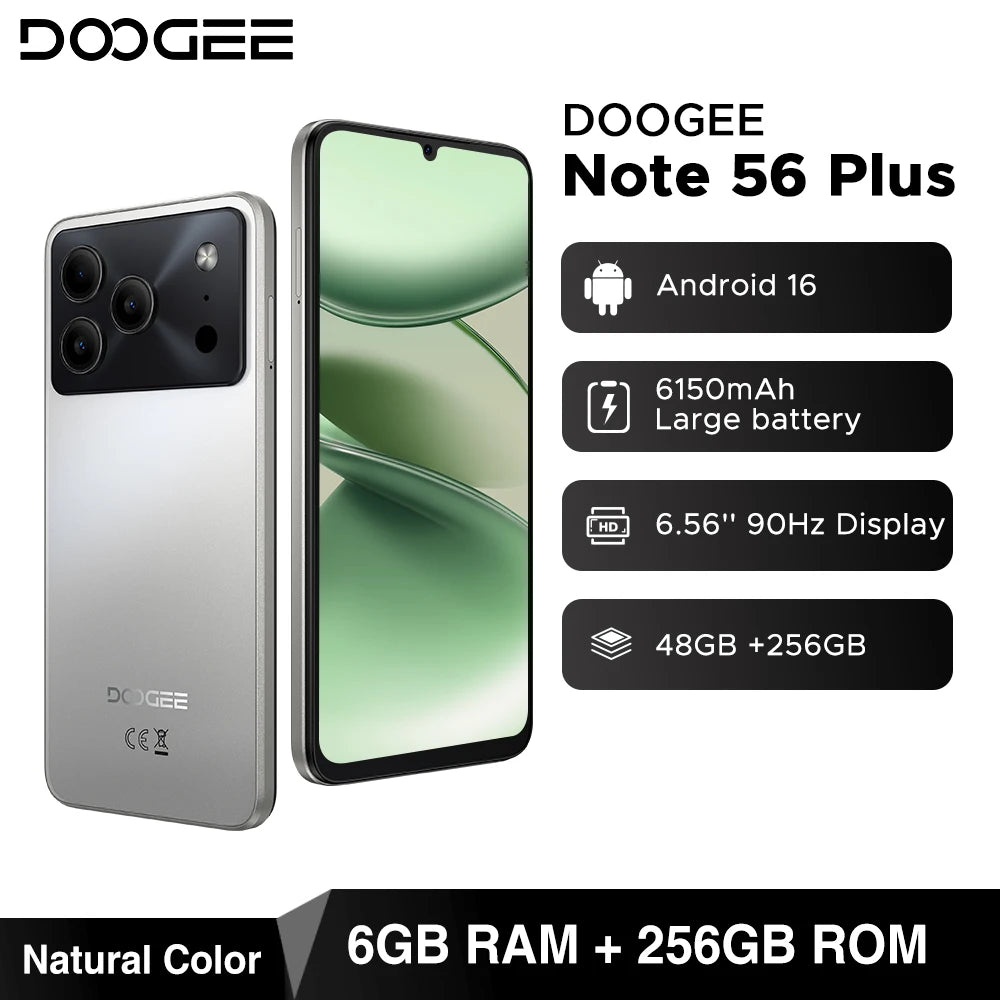 Global Version DOOGEE Note56 Plus Android 16 Smartphone 48GB+256GB 6150mAh Large Battery 6.56'' 90Hz Display 50MP Camera NFC