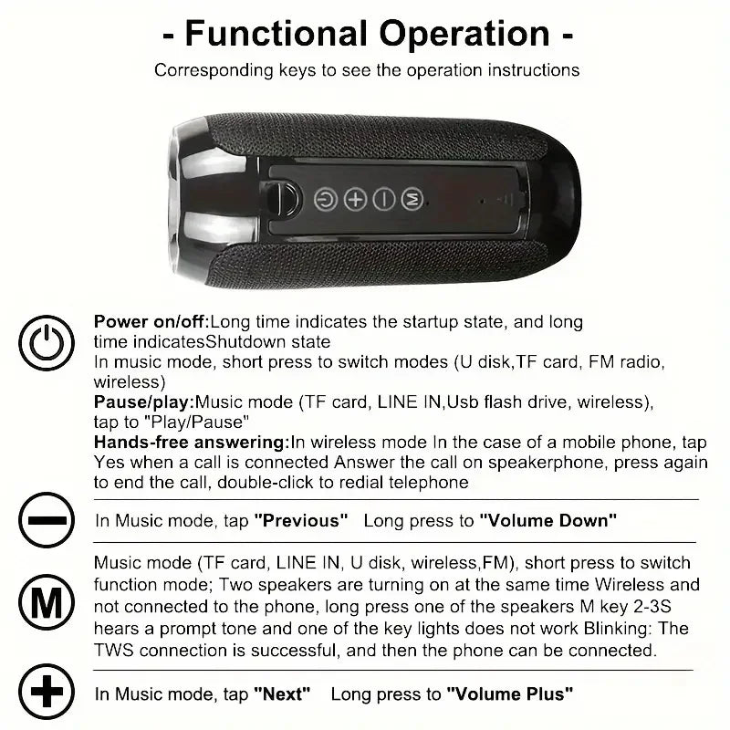TG117 Portable Outdoor Wireless Bass Speaker With Charging Cable And Aux Cable - FM TF USB Plug-in Card Compatible