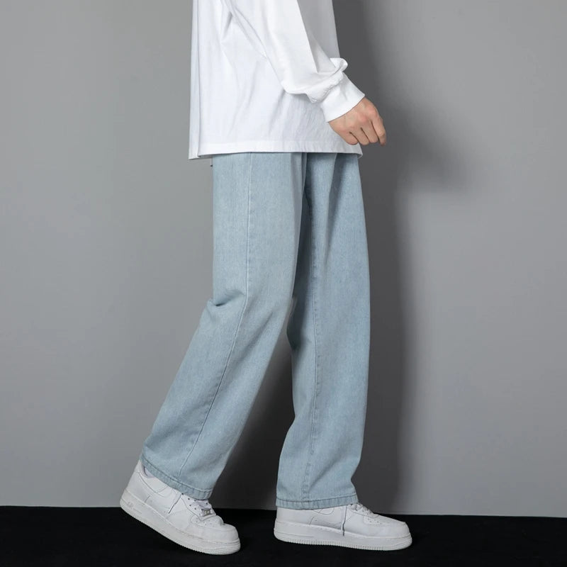 2026 New Korean Men's Casual Long Jeans Classic Man Straight Denim Wide-leg Pants Solid Color Light Blue Grey Black Secondary image