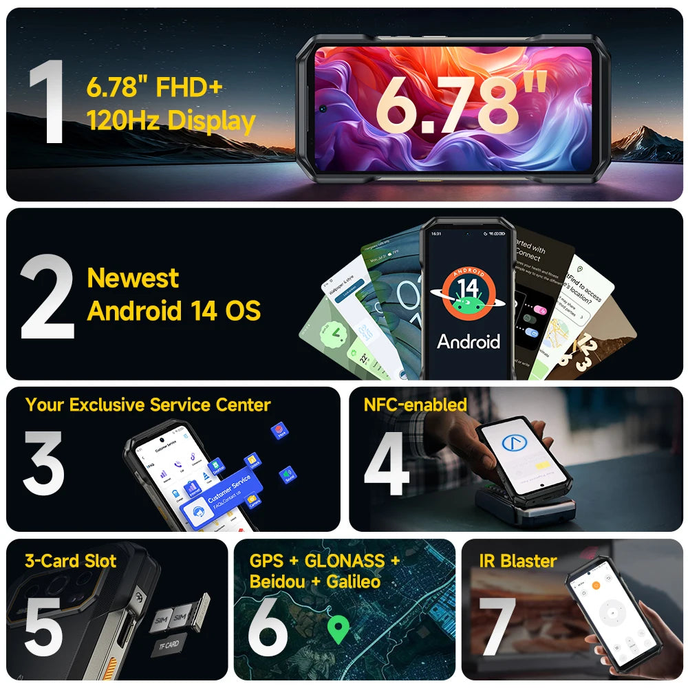 Ulefone Armor 27T Pro+ 5G Rugged Phone 10600mAh Android 15 Smartphone 50MP+64MP Night Camera 6.78" 120Hz 24GB+256GB NFC Mobile