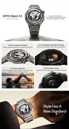 EU version OPPO watch X3 smartwatch Wear OS by Google Sleep 16-Day Battery Life SpO2 Blood Oxygen Monitoring IP69 Google Wallet