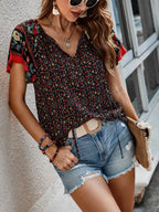 Summer Floral Print Blouses For Women Fashion V Neck Short Sleeve Boho Beach Casual Tops Female Elegant Shirt New Womenes