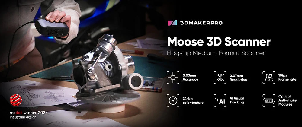 3DMakerpro Moose 3D Scanner, Al Visual Tracking, 0.07mm Resolution, 0.03mm Accuracy, Blue LED Light Source, 24-bit Color Camera, 10fps Frame Rate, Anti-Shake Lenses, Compatible with Windows/MacOS - Premium Version, Marker Fre