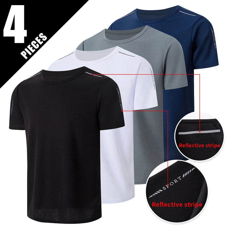 4/1 Pcs Men's Summer Multicolor Quick-drying Sports Short Sleeve Loose Breathable Fitness Running Badminton T Reflective Strip