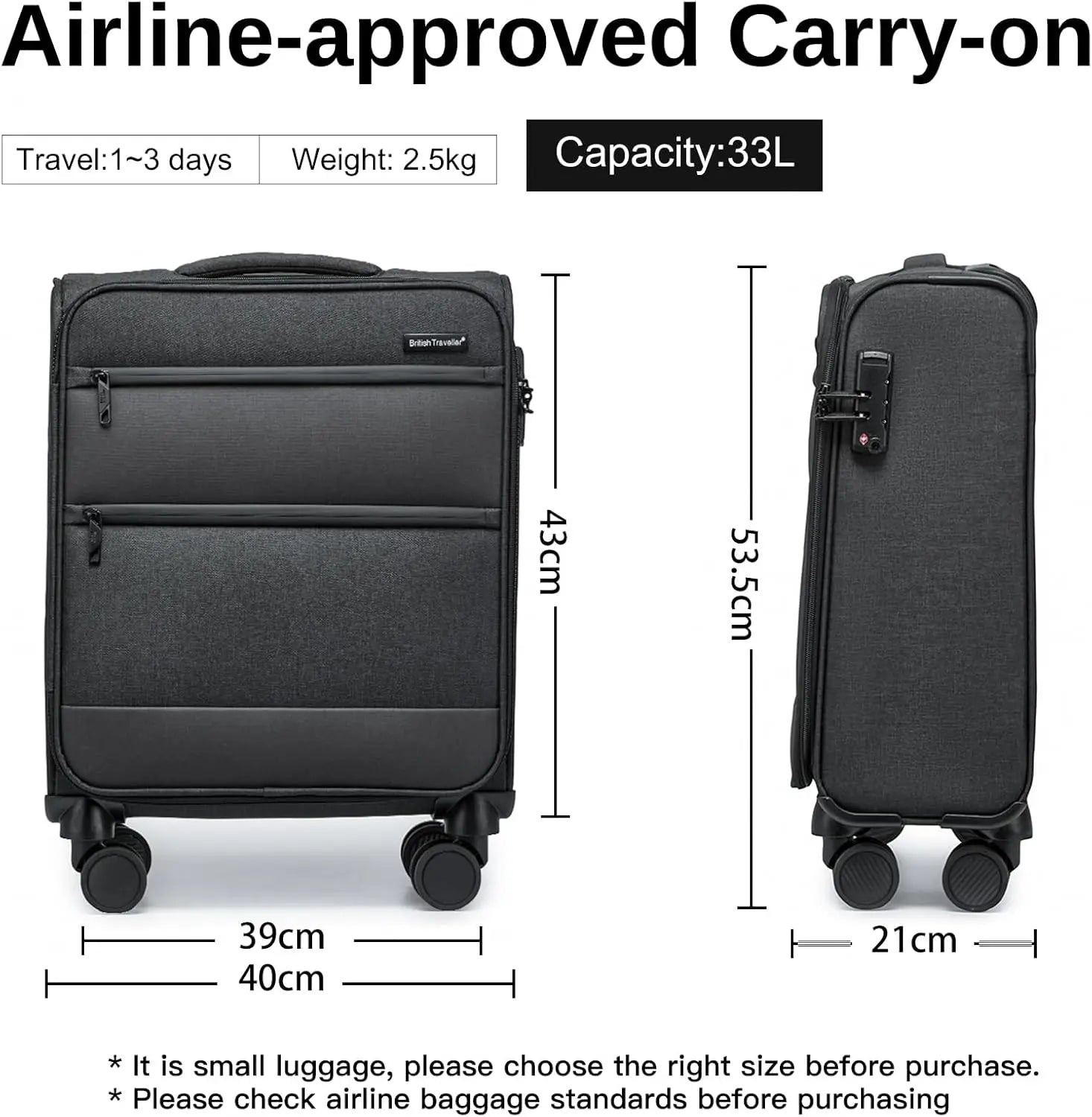 British Traveller Cargo Case 53.5x40x21cm Lightweight hand luggage 4 Rolls TSA Lock Soft Luggage fabric