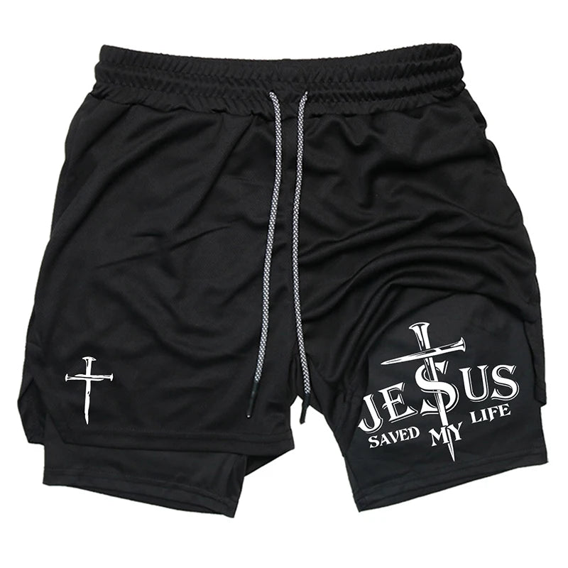 Print 2 in 1 Running Workout Shorts for Men Christian Gym Athletic Performance Shorts with Phone Pocket Towel Loop Activewear