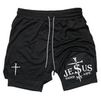 Print 2 in 1 Running Workout Shorts for Men Christian Gym Athletic Performance Shorts with Phone Pocket Towel Loop Activewear