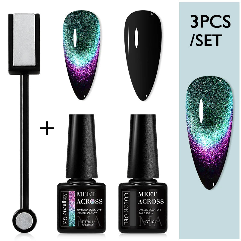 MEET ACROSS 3Pcs/Set 9D Cat Magnetic Gel Nail Polish With Magnetic Stick Semi Permanent Soak Off Nail Art UV LED Gel Varnish Kit Main image