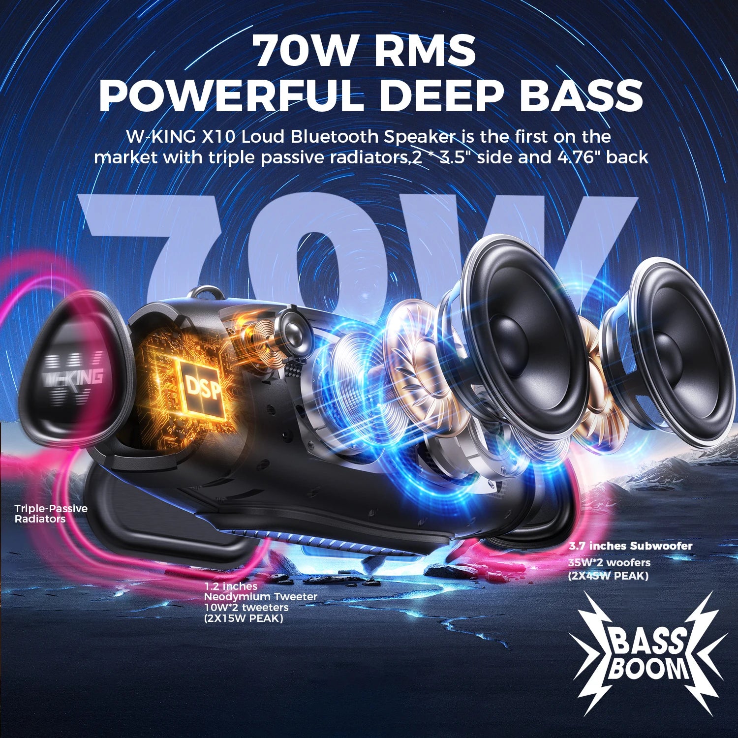 W-KING 70W Waterproof Portable Loud Bluetooth Speaker, Wireless Outdoor Boombox SubwooferTriple Passive Radiators-Deep Bass Secondary image