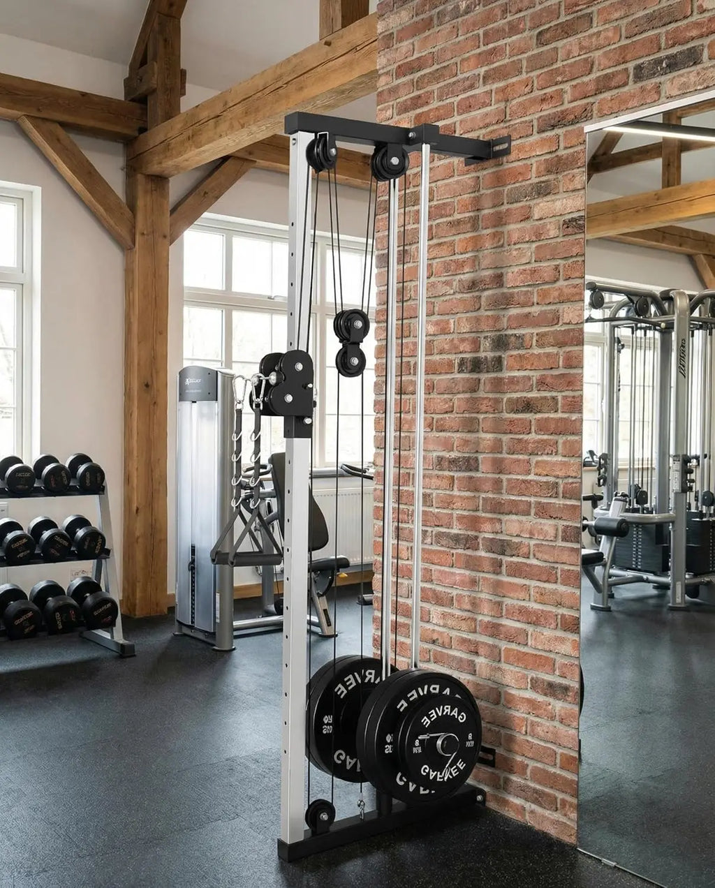 Wall Mount Cable Station Dual Pulley Cable Crossover Machine LAT Pulldown Bar & Foot Board for Home Gym Strength Training