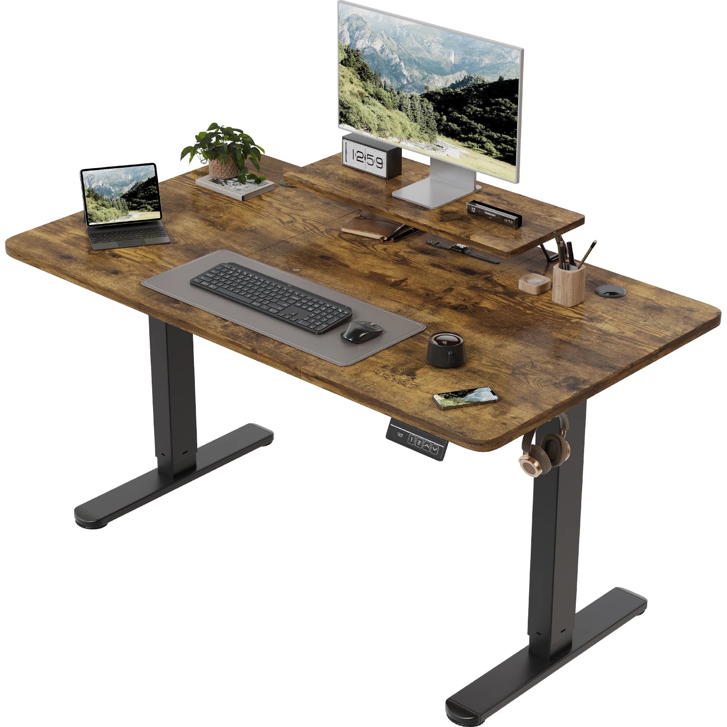 Devoko Height Adjustable desk Electric 120 × 60cm with Monitor Stand Ergonomic Seat Standing Desk (White) Main image