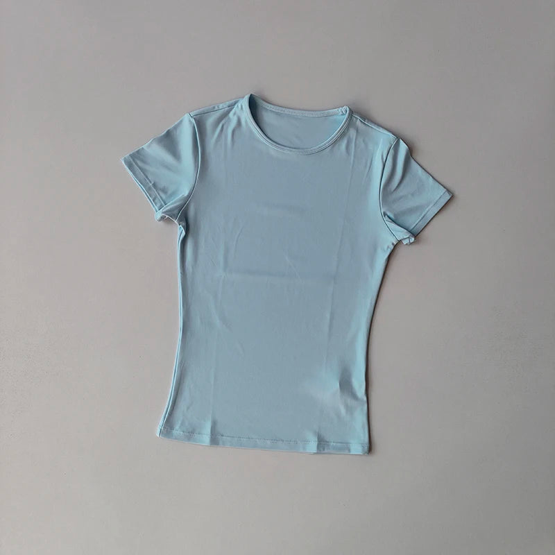 Nude-sensing Solid Color Yoga Clothes for Short-sleeved Women's Quick-drying Elastic Tight T-shirt Fitness Clothes Top Clothing