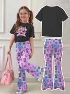 Girls 2-Piece 2026 K-Pop Concert Outfit - Black Graphic T-Shirt & Pastel Character Print Flared Pants Set for Kids