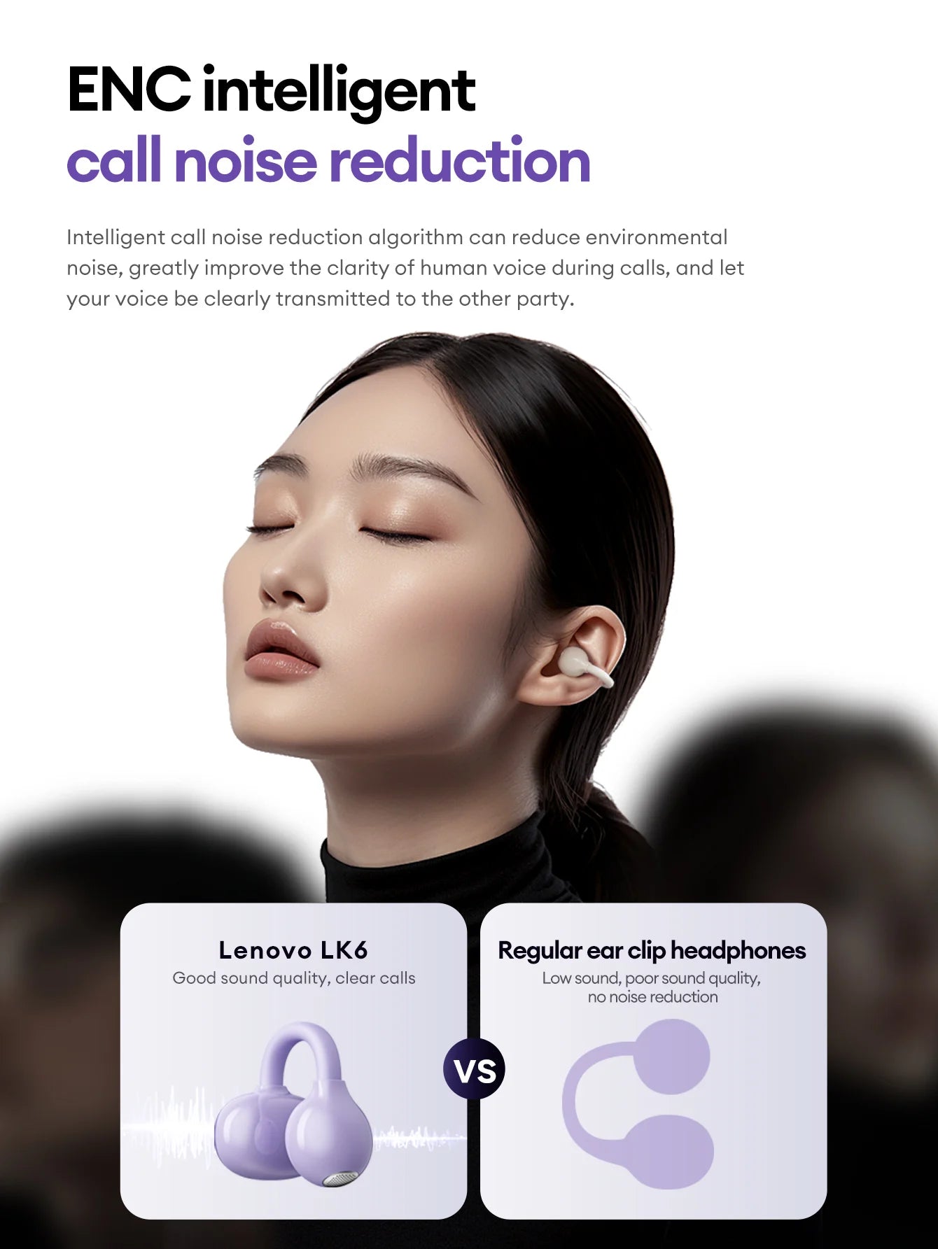 Lenovo LK6 Over Ear Wireless Bluetooth 5.4 Headphones Sound Quality Noise Reduction Ear Clip Earphones Long Endurance Earsets
