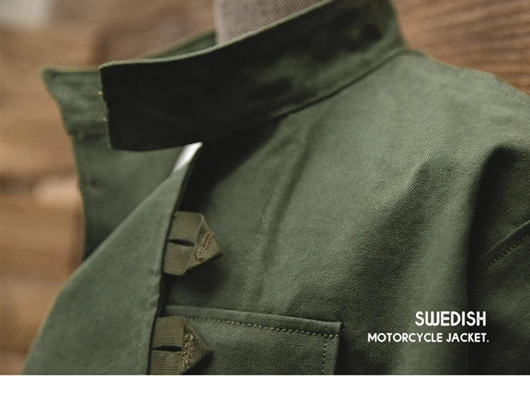 Swedish motorcycle jacket, men's retro military green casual cropped jacket, 100% cotton canvas workwear asymmetric safari style