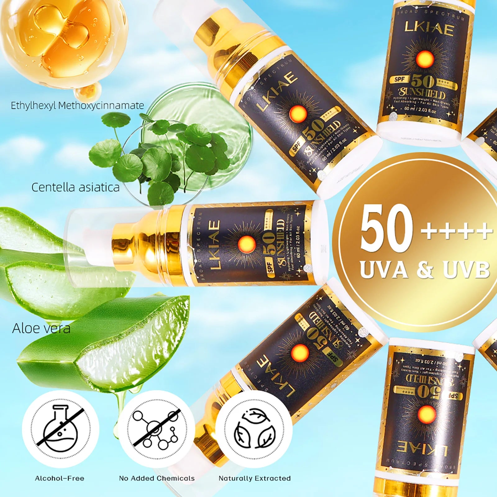 LKIAE Sunscreen, Broad Spectrum SPF 50, UVA/UVB, Lightweight & Non-Greasy, Sunblock, for Face, Body, Non-Comedogenic, 60ml