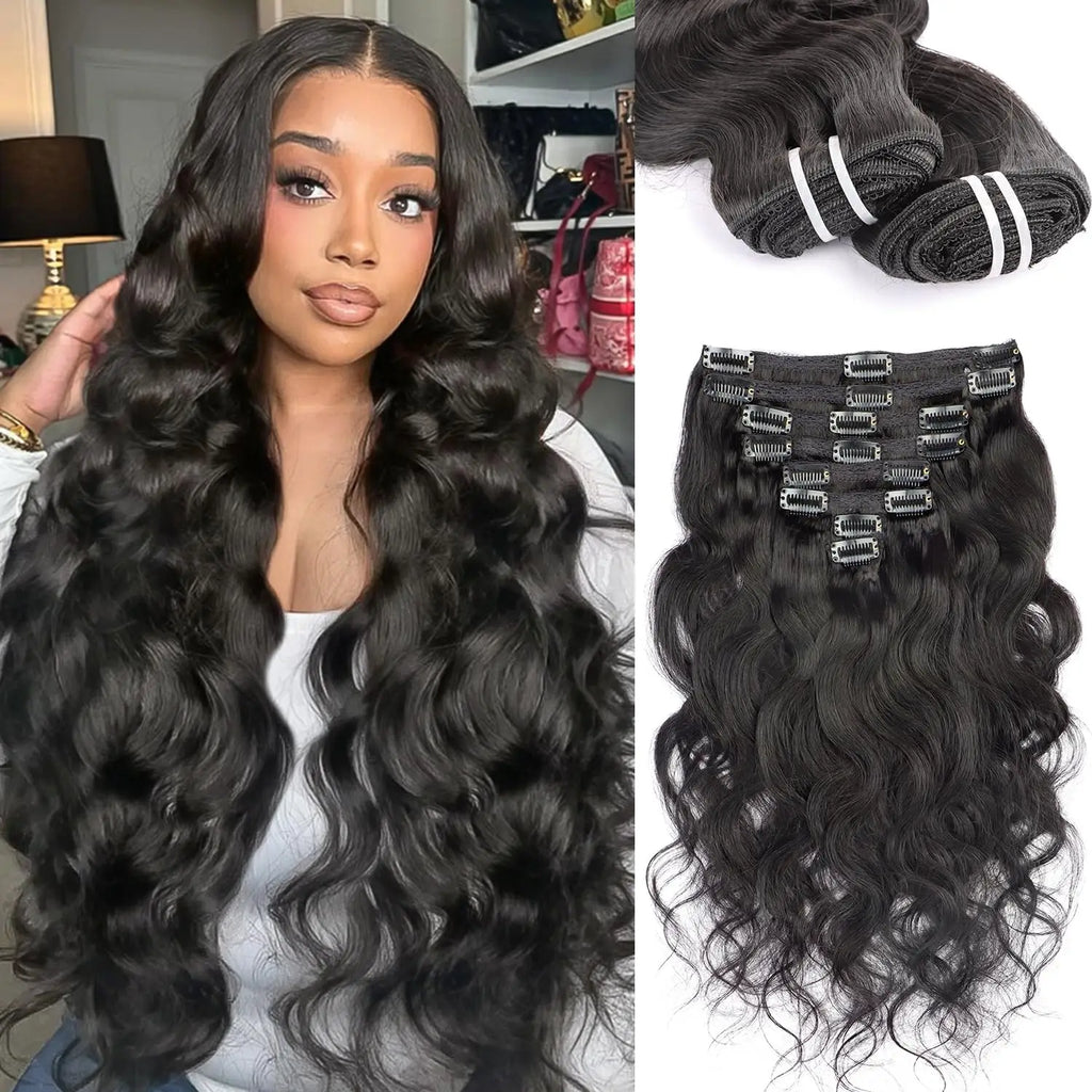 Wave Clip in Hair Extensions Real Human Hair Extensions Clip Ins 120 Gram Body Wave 18 Inch 8Pcs Natural Black 100% Human Hair
