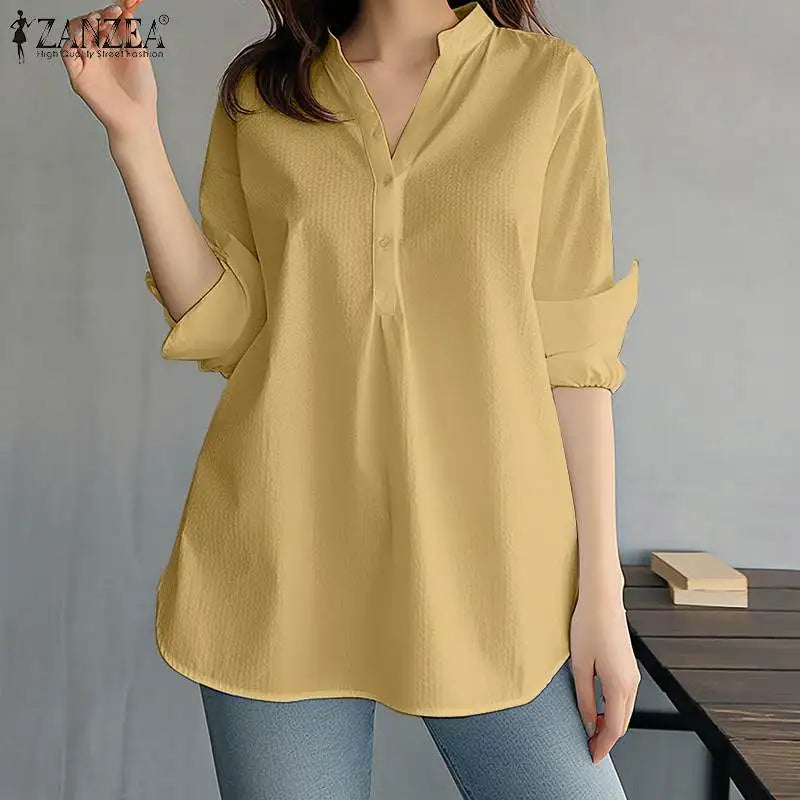 ZANZEA Women Fashion Whiter Shirts Casual Loose Button Down Blusas 2024 Summer Office Blouse Korean OL V-neck Long Sleeve Tunics