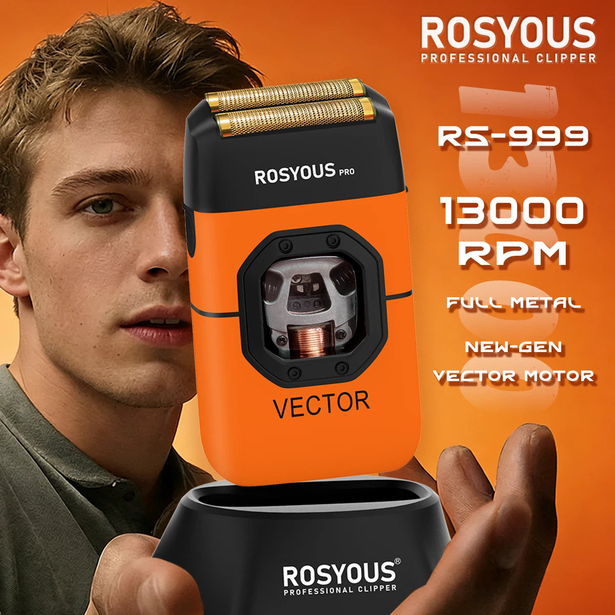 ROSYOUS RS-999 Man Electric Shaver 13000RPM Magnetic Vector Motor Full Metal with Dock 2000mAh Barbershop Beard Trimmer Machine
