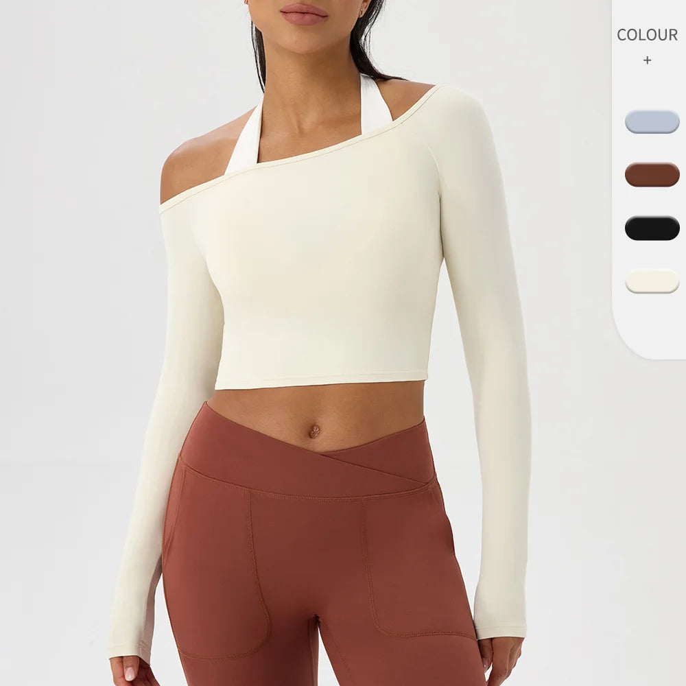 Yoga long-sleeved T-shirt women's one-shoulder sexy tight fitness wear top nude feel quick-drying sports sleeved Yoga Shirts Main image