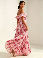 2026 summer off-the-shoulder tulip print plus size slimming square neck maxi dress