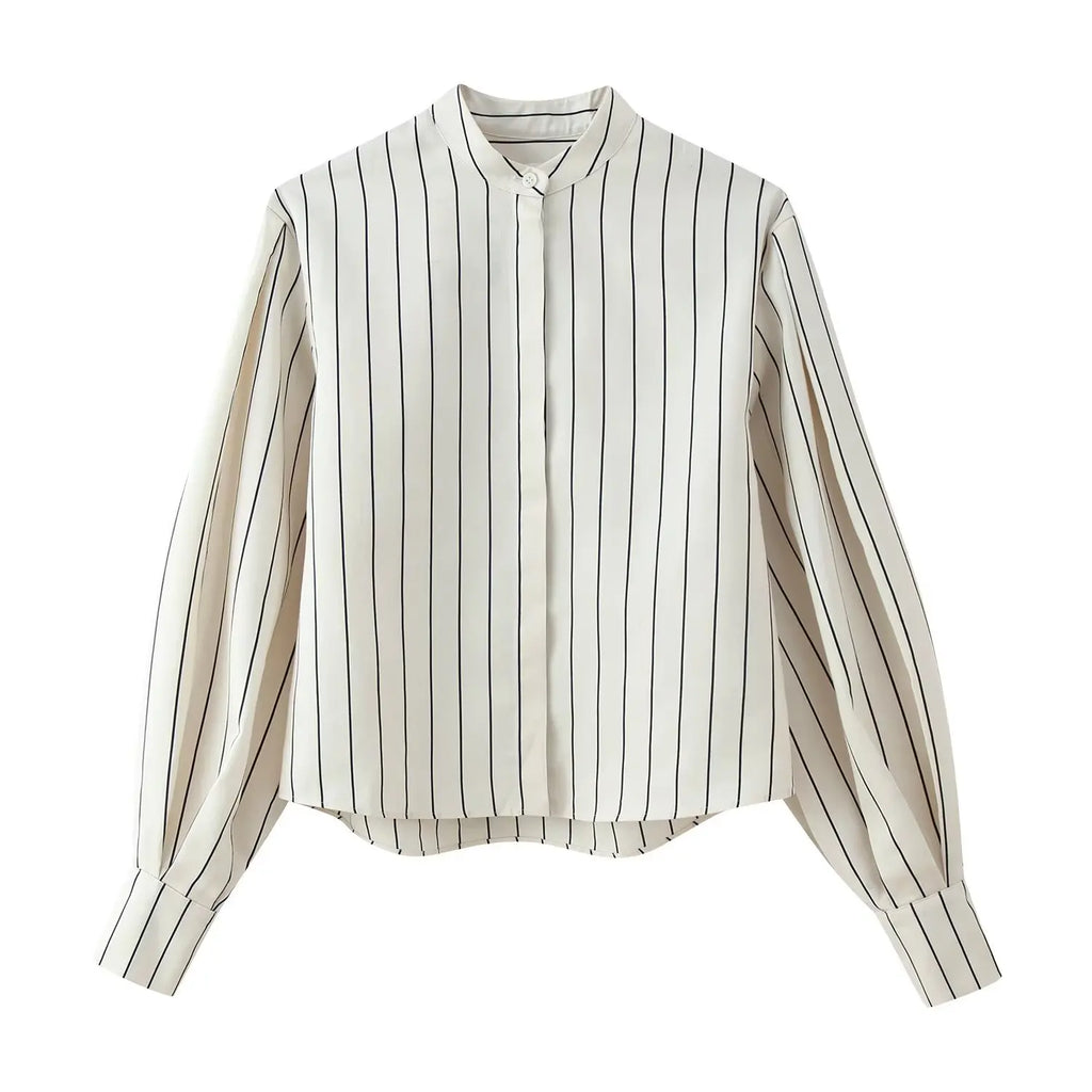 HH Women 2026 New Fashion Versatile Beige Striped Puffy Sleeve Shirt+High Waisted Loose Pleated Casual Long Pants Two Piece  Set
