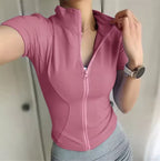 Women Slim Casual Sports Tops Solid Zipper Yoga Short Sleeve Coat Female Outfit Summer Clothes Running Fitness Shirts For Lady