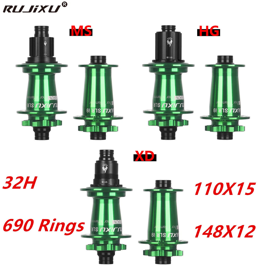 green RUJIXU SLR I9 690 Click Hub 7 Bearing MTB Mountain Bike Hub Front Rear 32Holes QR TA BOOST Disc Brake Bicycle MS/XD Hubs