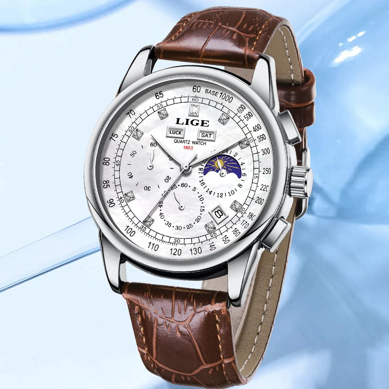 LIGE Retro Elegant Quartz Women's Wristwatches Simple Diamond Dial Fashion Casual Outdoor Date Waterproof Moon Phase Woman Watch