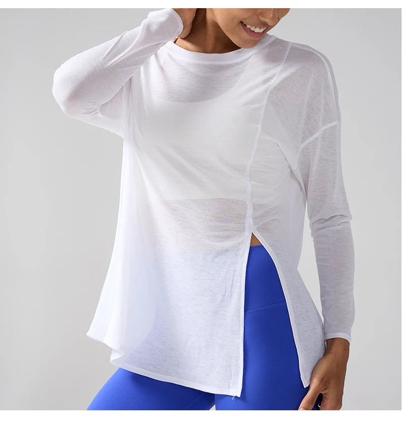 Fashion Women's Breathable Loose Quick Drying Long Sleeve Yoga Shirts Slimming Side Slits Leisure Running Fitness Cycling Tops