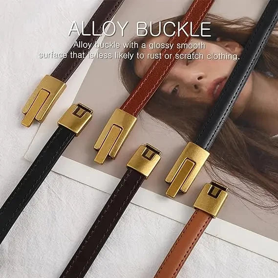 Adjustable Women’s Skinny Thin Belt, Classic Solid Color Genuine Leather Waistband for Trendy Coats and Dresses